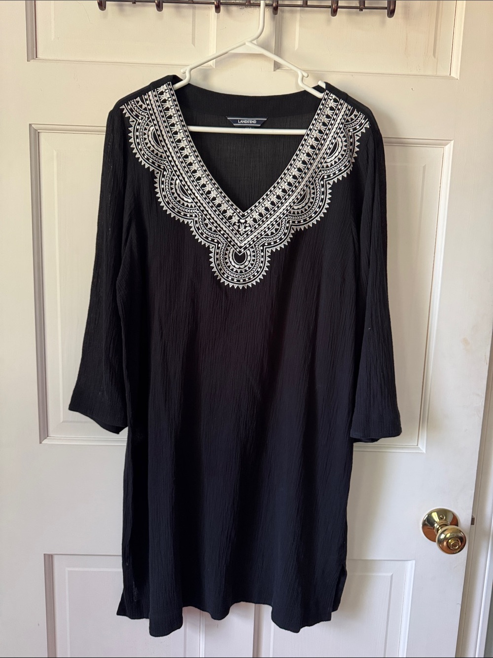 Lands' End Black Swim Cover With White Embroidered V-Neck
